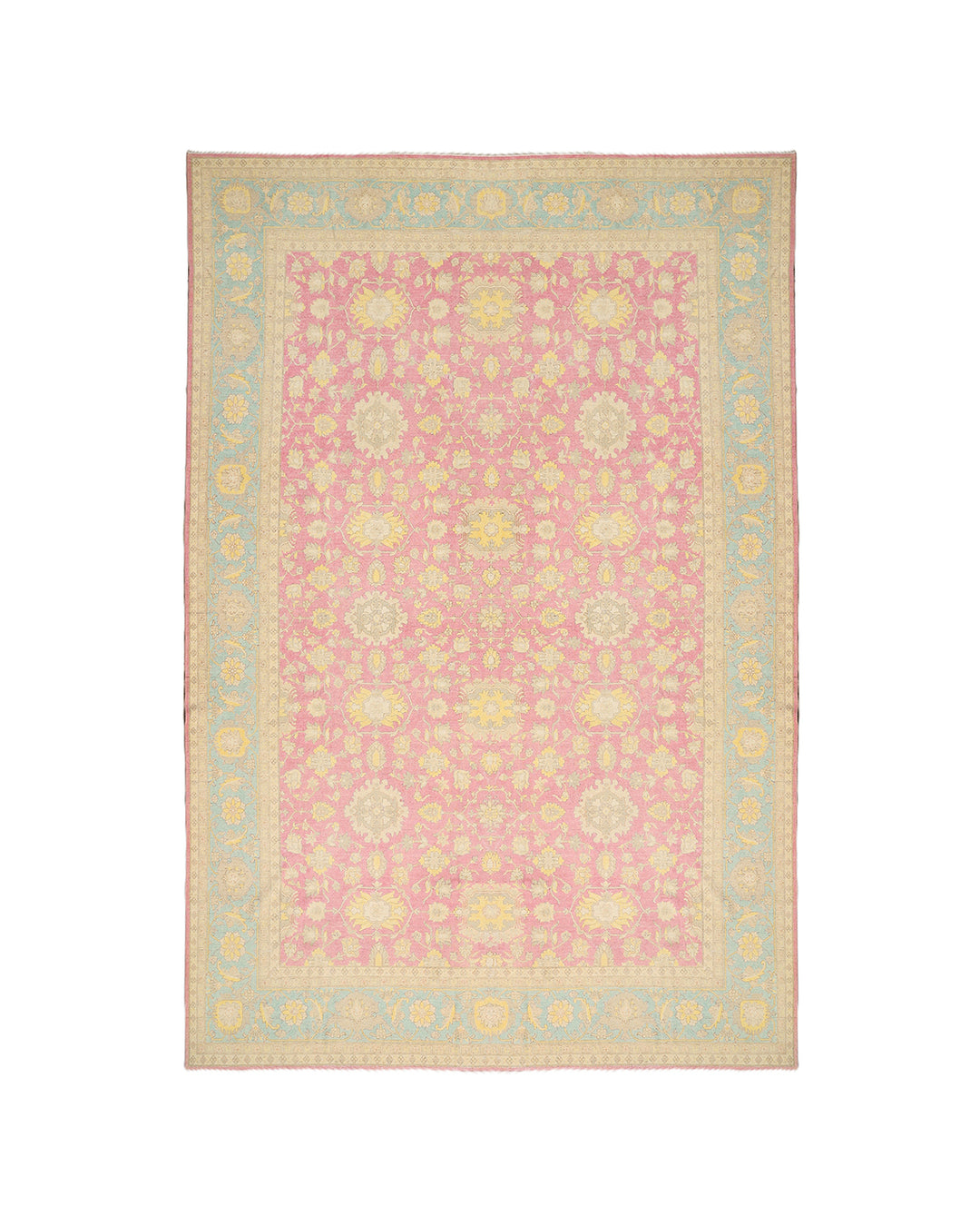 12x18 luxury hand-knotted Afghan Sultanabad rug with hot pink field and blue floral border by Ariana Rugs West Hollywood