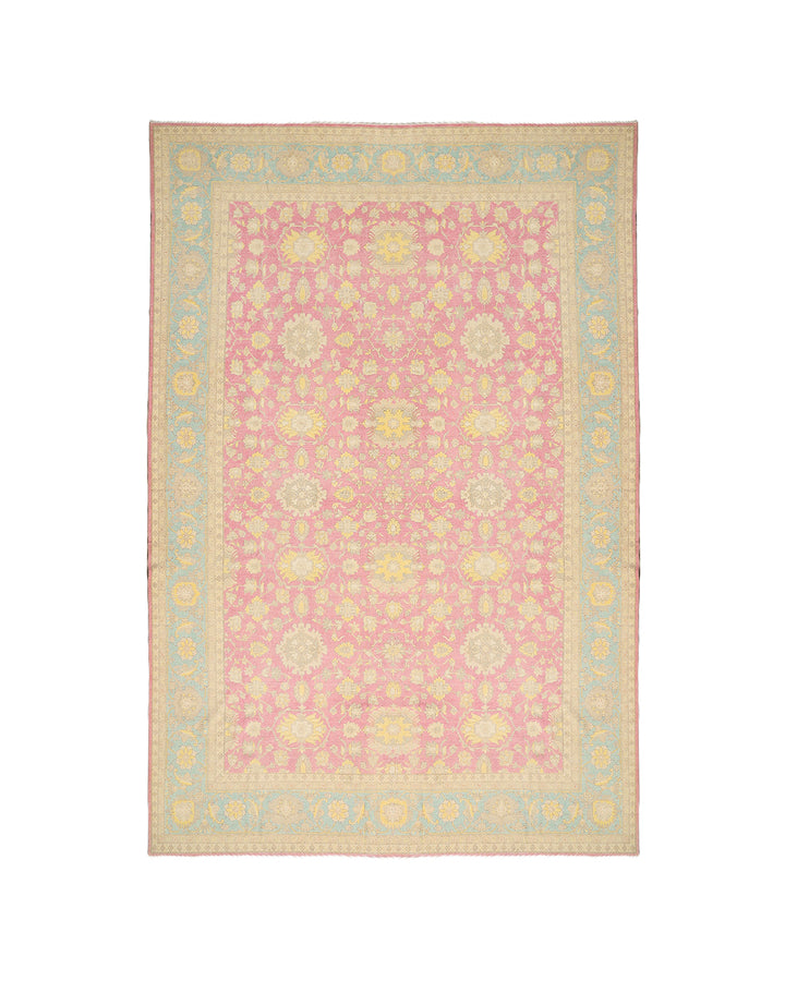 12x18 luxury hand-knotted Afghan Sultanabad rug with hot pink field and blue floral border by Ariana Rugs West Hollywood