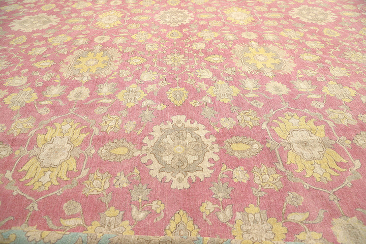 12x18 luxury hand-knotted Afghan Sultanabad rug with hot pink field and blue floral border by Ariana Rugs West Hollywood