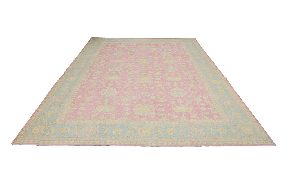 12x18 luxury hand-knotted Afghan Sultanabad rug with hot pink field and blue floral border by Ariana Rugs West Hollywood