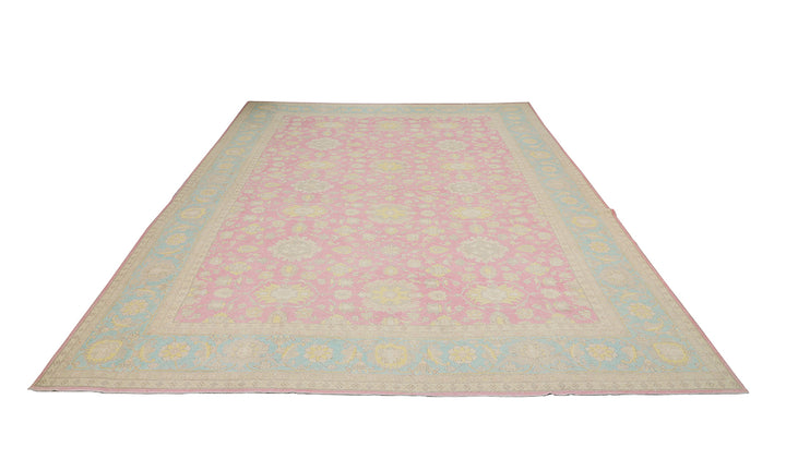 12x18 luxury hand-knotted Afghan Sultanabad rug with hot pink field and blue floral border by Ariana Rugs West Hollywood