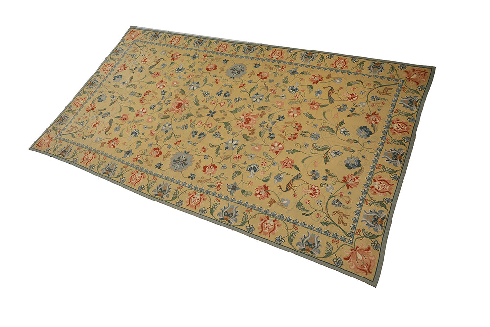Decorative floral rug on a tan background