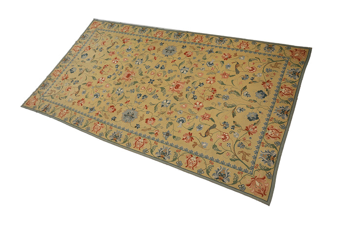 Decorative floral rug on a tan background