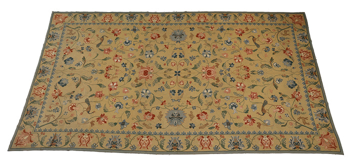 Decorative floral-patterned rug on a tan background