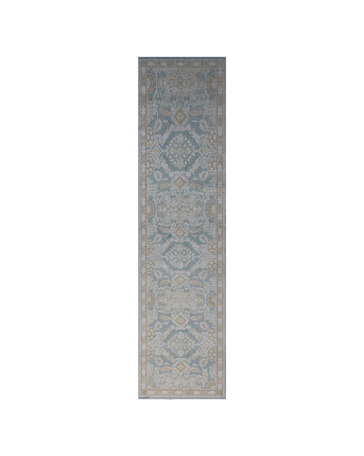 12'x3' Geometric Caucasian Design | Blue–Beige–White Runner Rug