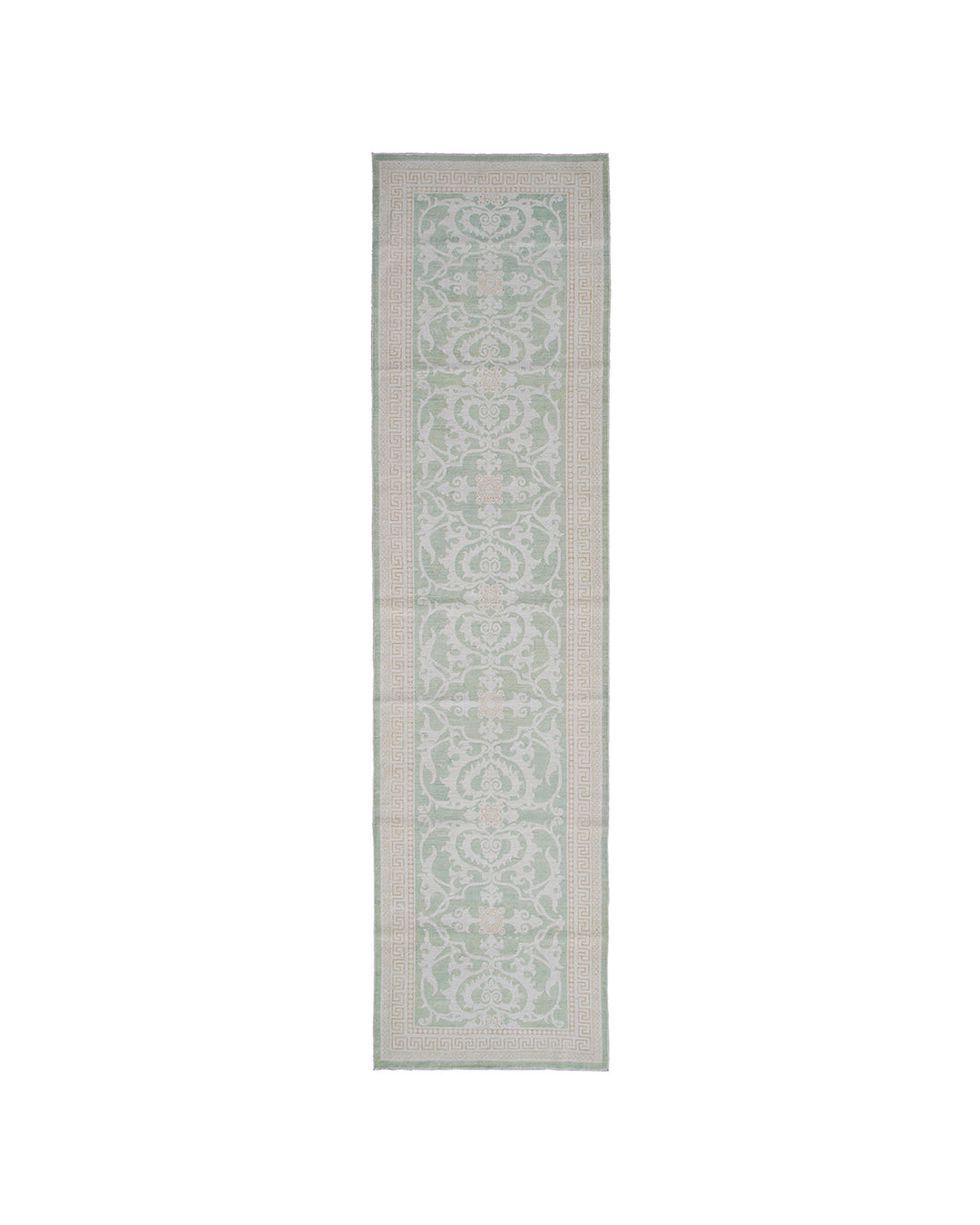12'x4' Green Wool Hallway Runner | Floral Design Wool Runner