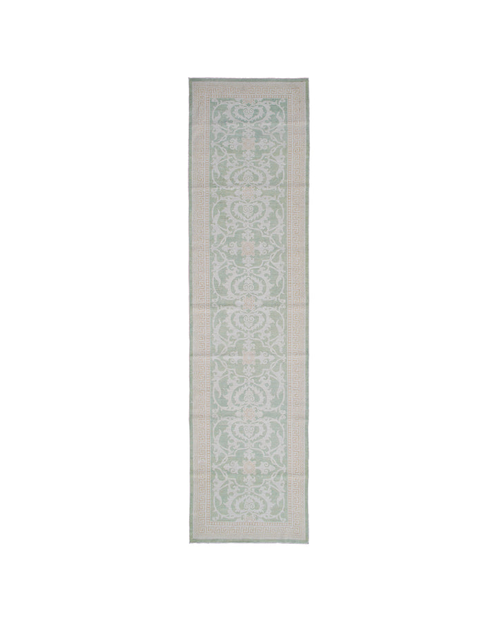 12'x4' Green Wool Hallway Runner | Floral Design Wool Runner