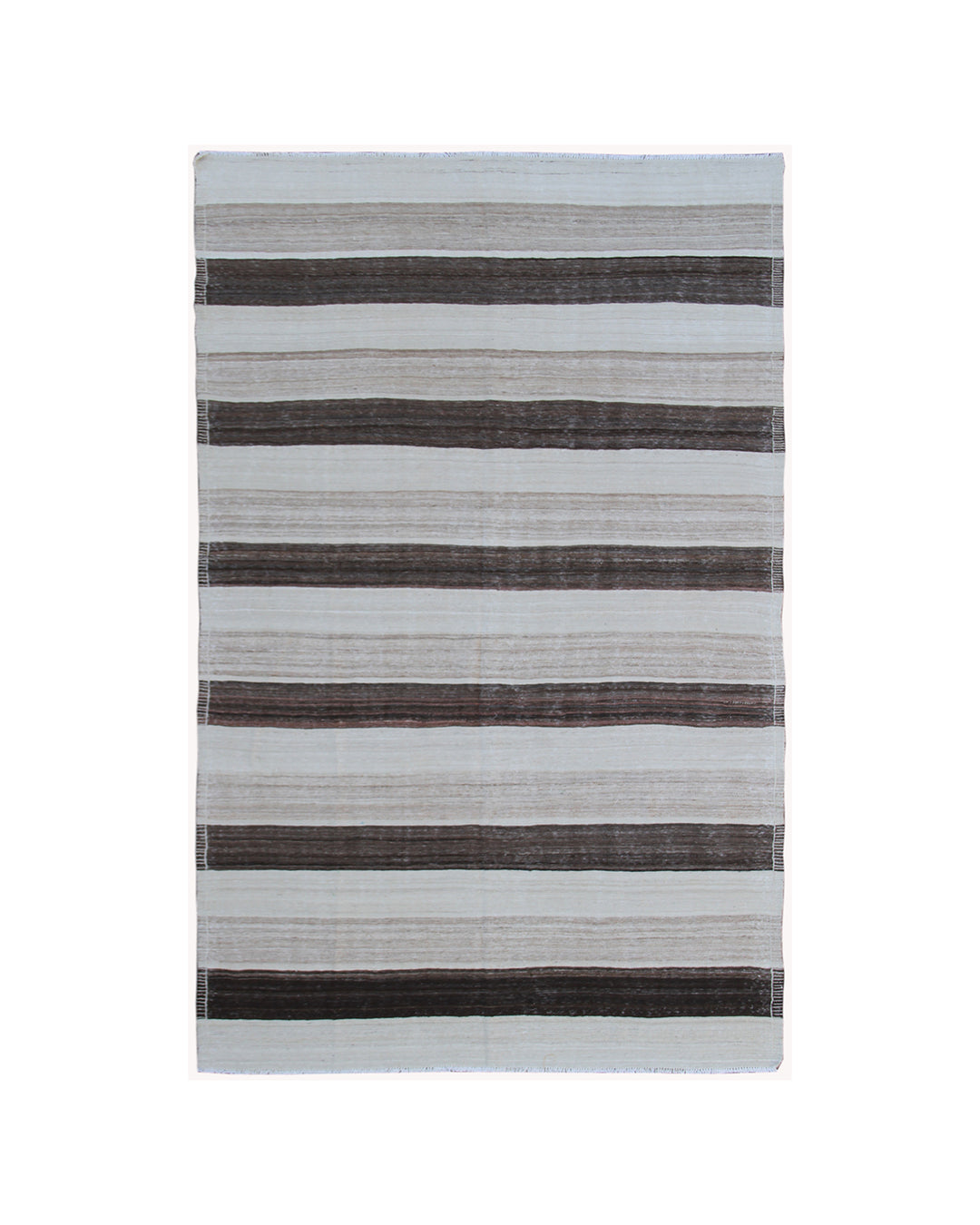 Corner detail showing flat weave construction and natural cotton foundation of cream and brown striped Afghan wool kilim.