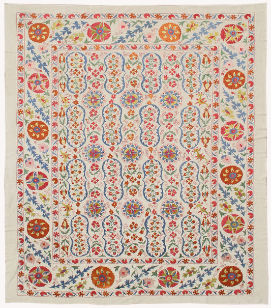 8'x9' White Hand Embroidered Uzbek Suzani