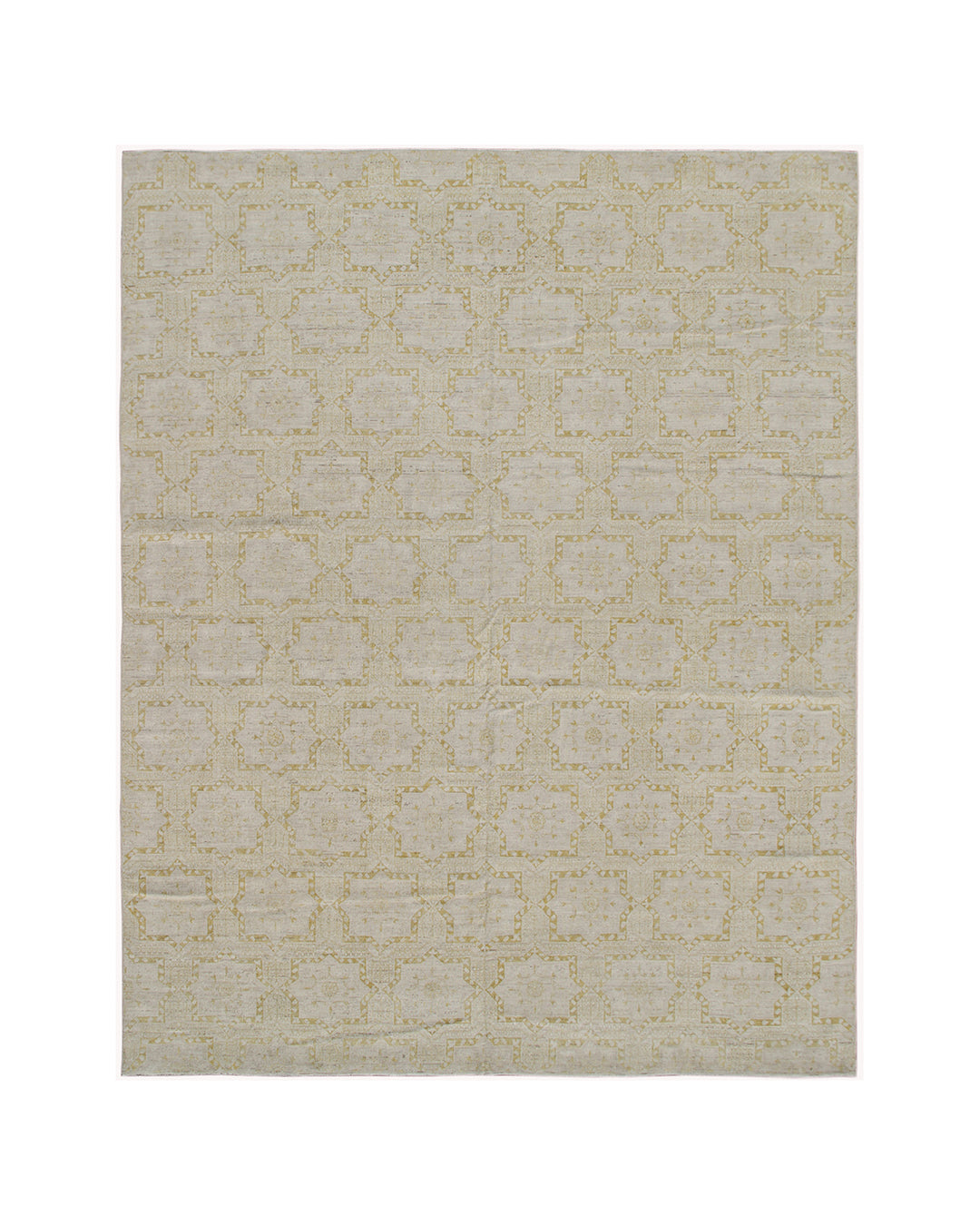 Handwoven 10x13 Afghan wool area rug featuring gold and cream European geometric patterns