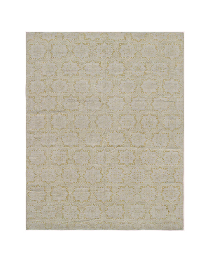 Handwoven 10x13 Afghan wool area rug featuring gold and cream European geometric patterns