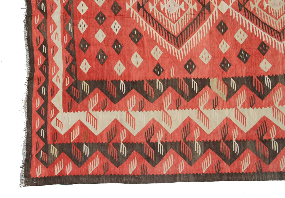 13x13 antique Teresian European kilim square geometric flatweave rug in red brown and ivory wool