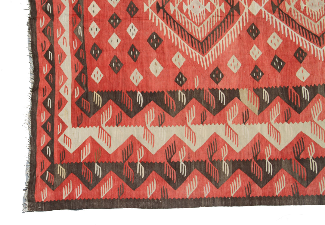 13x13 antique Teresian European kilim square geometric flatweave rug in red brown and ivory wool