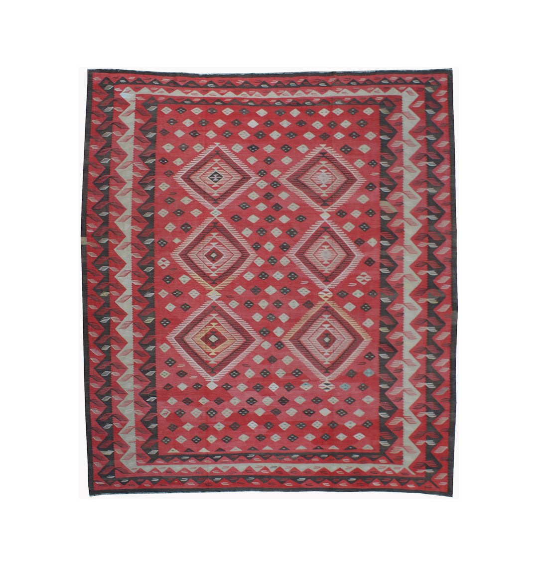 13x13 antique Teresian European kilim square geometric flatweave rug in red brown and ivory wool
