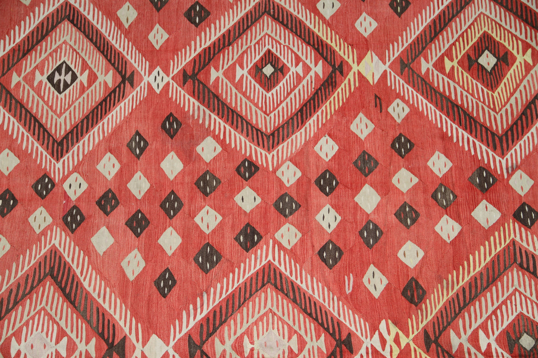 13x13 antique Teresian European kilim square geometric flatweave rug in red brown and ivory wool