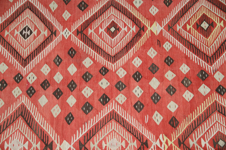13x13 antique Teresian European kilim square geometric flatweave rug in red brown and ivory wool