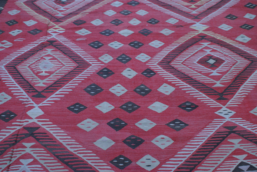 13x13 antique Teresian European kilim square geometric flatweave rug in red brown and ivory wool