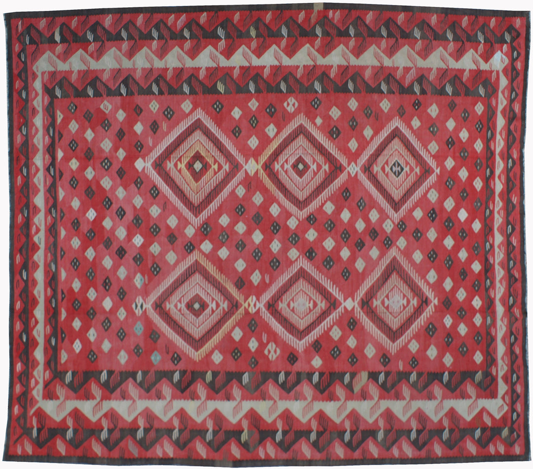 13x13 antique Teresian European kilim square geometric flatweave rug in red brown and ivory wool