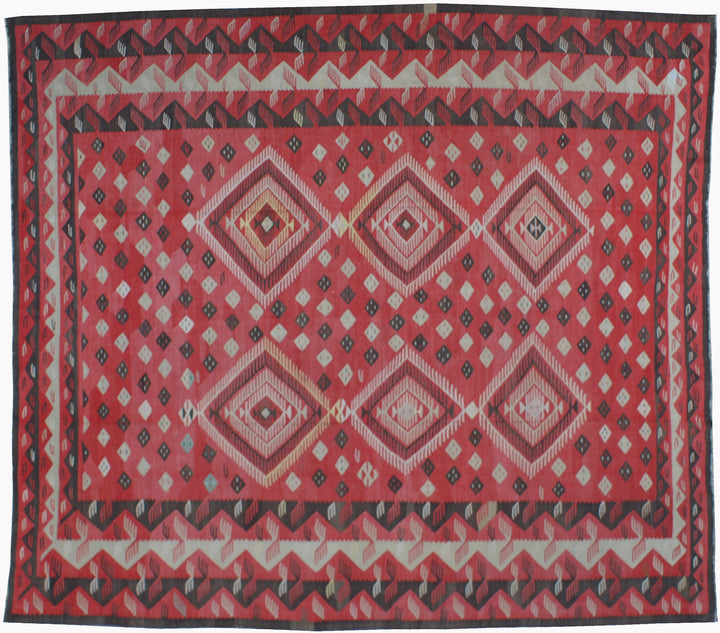 13x13 antique Teresian European kilim square geometric flatweave rug in red brown and ivory wool
