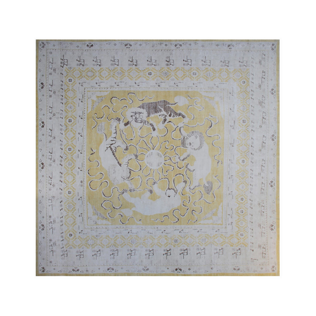 13'x13' Large Square Foo Dog Design Ariana Samarkand Rug | Yellow, Grey & White