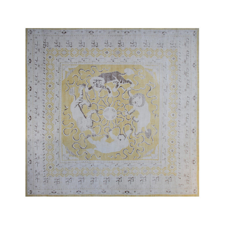 13'x13' Large Square Foo Dog Design Ariana Samarkand Rug | Yellow, Grey & White