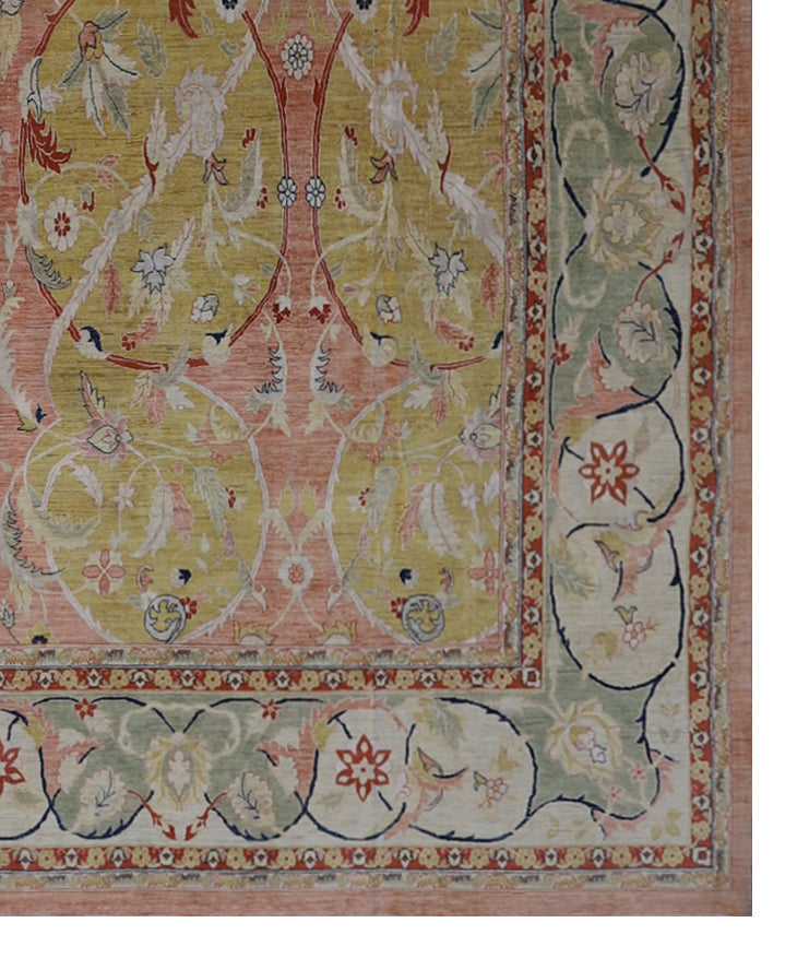 13'x14' Square Polonaise Design Silk and Wool Fine Hand Knotted Ariana Luxury Rug