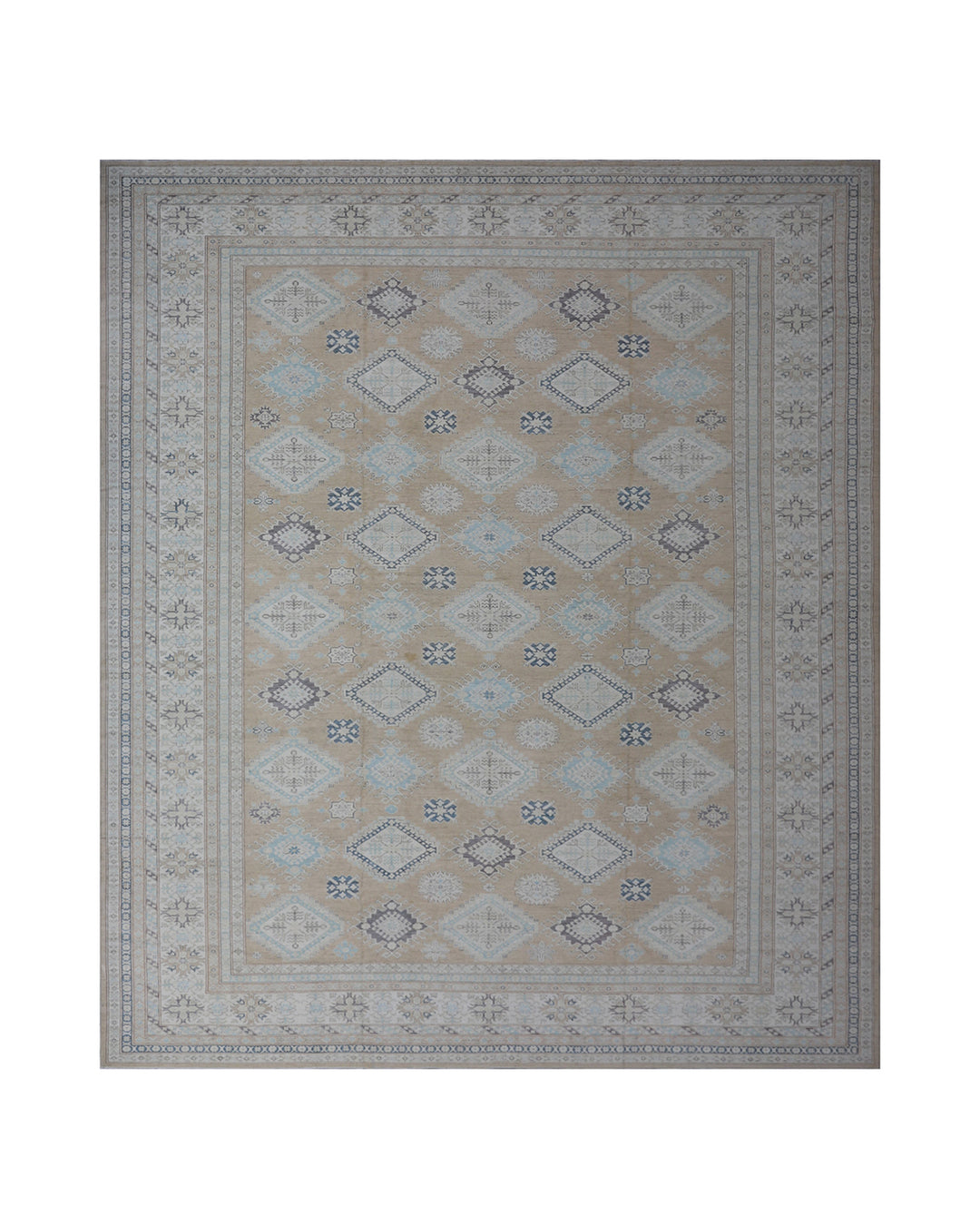 16'4" x 13'2" Large hand-knotted wool Ariana Hazara rug with Caucasian geometric motifs in tan, beige, gold, blue, black, and white.