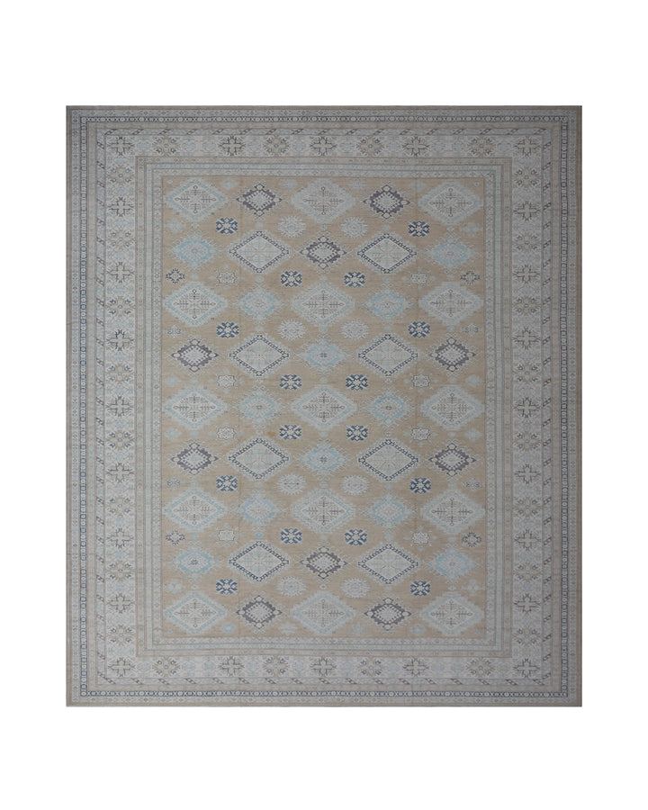16'4" x 13'2" Large hand-knotted wool Ariana Hazara rug with Caucasian geometric motifs in tan, beige, gold, blue, black, and white.