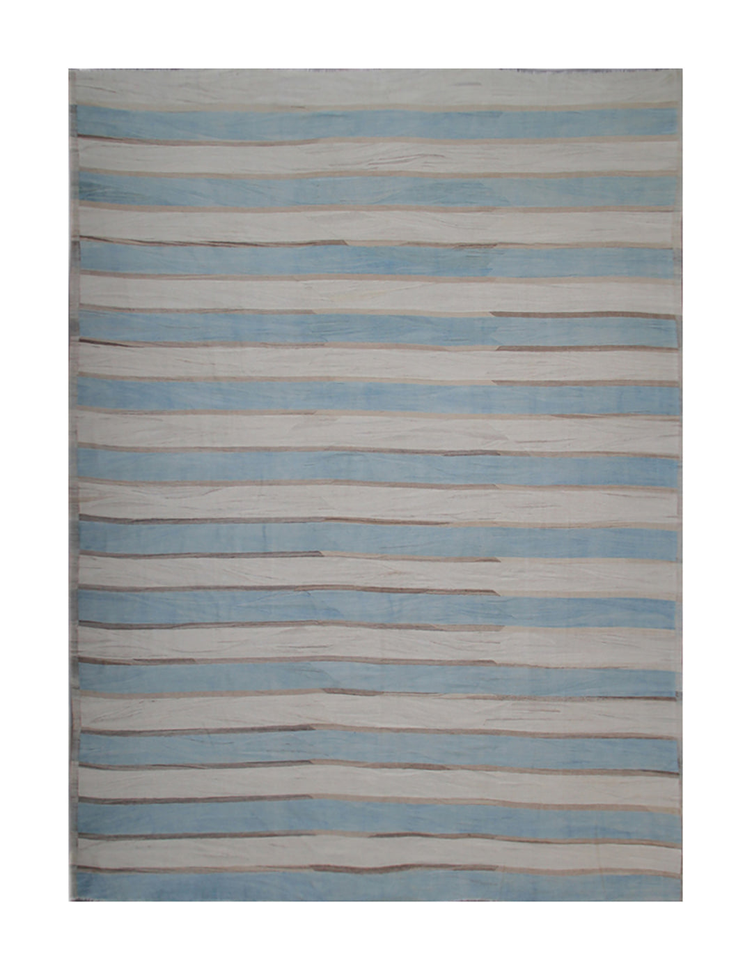Striped rug with blue and beige pattern