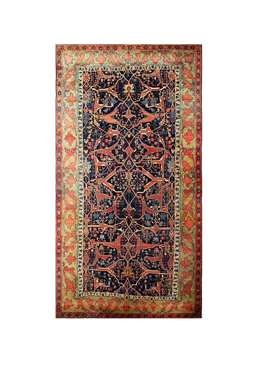 Decorative rug with intricate patterns on a white background