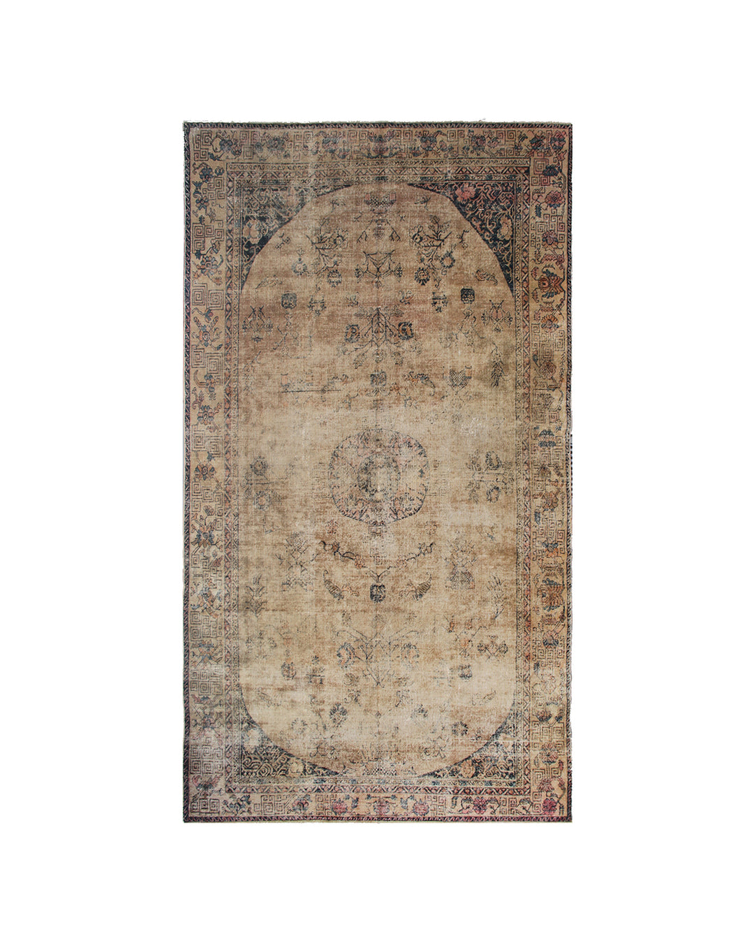 Authentic unusual vintage hand-knotted Samarkand Khotan low pile wool rug featuring pale cream field with navy blue and red geometric medallions