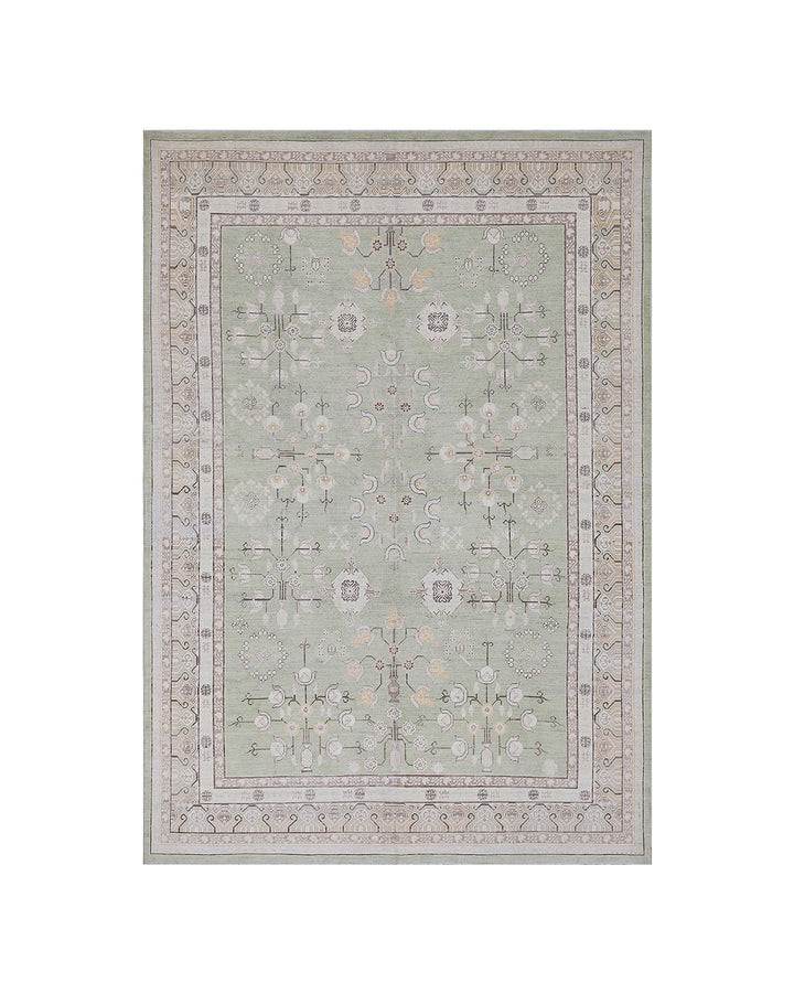13'x9' Green Wool Area Rug | Geometric Samarkand Design Rug