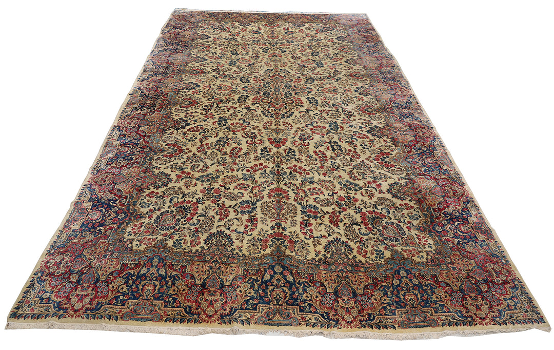 10'x20' Kerman Rug | Large Floral Persian Kirman in Ivory & Red Rug