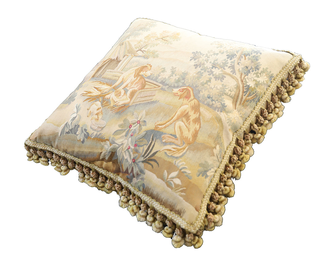 24"x24" Beige Pictorial Dog Aubusson Wool and Silk Pillowcase