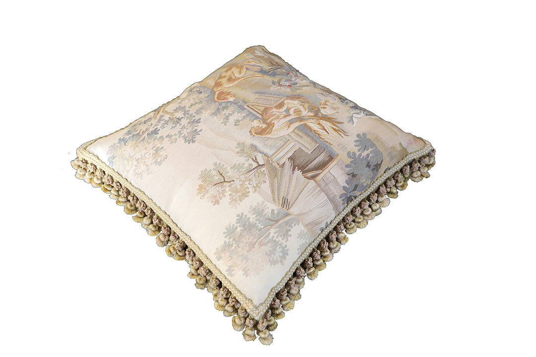 24"x24" Beige Pictorial Dog Aubusson Wool and Silk Pillowcase