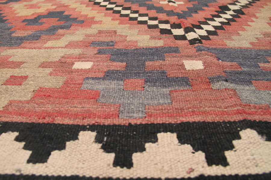 Close-up of a patterned rug with geometric design