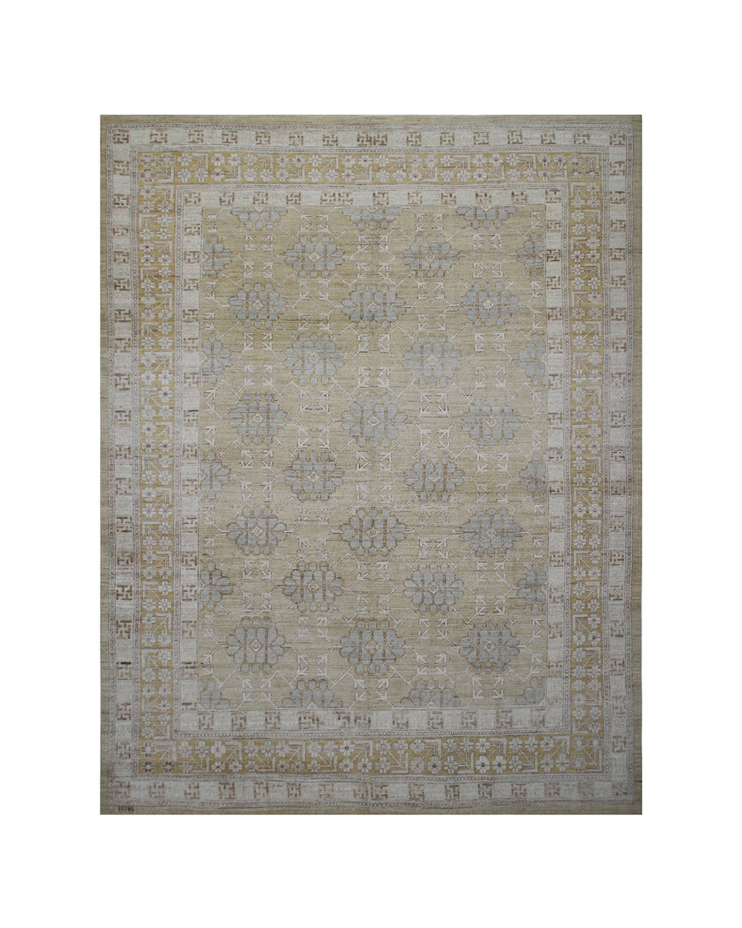 Authentic Ariana Pastel Samarkand Collection 10x14 wool area rug featuring a geometric design in soft pastel tones and white details, hand-knotted by Hazara women in Afghanistan.
