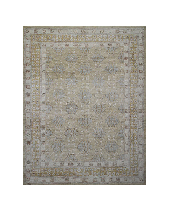 Authentic Ariana Pastel Samarkand Collection 10x14 wool area rug featuring a geometric design in soft pastel tones and white details, hand-knotted by Hazara women in Afghanistan.