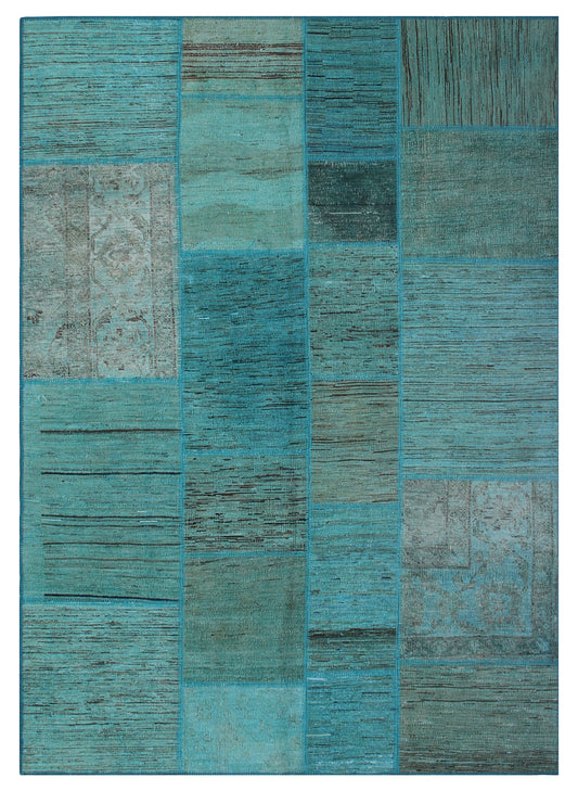 6'x8' Turquoise Blue Patchwork Overdye Wool Rug