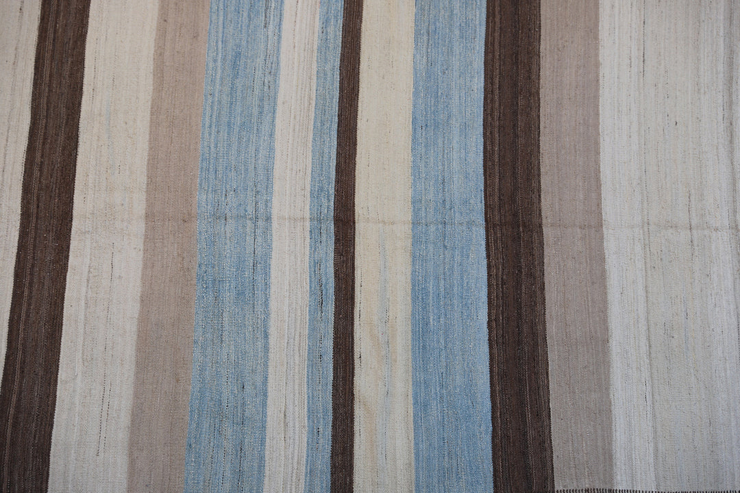 5'x7' Ariana Striped Blue Ivory Brown Beige Hand Knotted Wool Kilim Rug