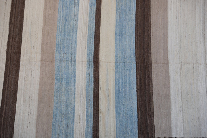 5'x7' Ariana Striped Blue Ivory Brown Beige Hand Knotted Wool Kilim Rug