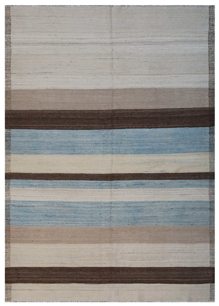 5'x7' Ariana Striped Blue Ivory Brown Beige Hand Knotted Wool Kilim Rug
