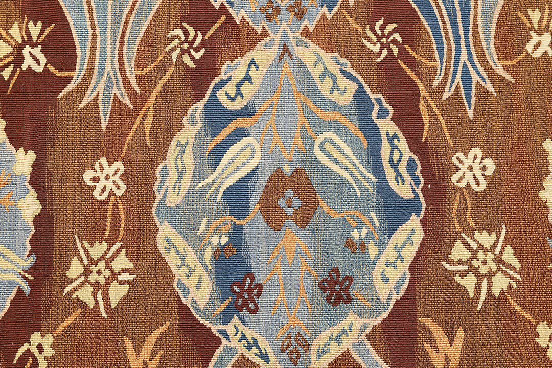 An oversized near-square 15x16 handwoven wool flatweave rug from the Ariana Kilim Collection, featuring a classic brown and beige Ottoman Aubusson medallion design.