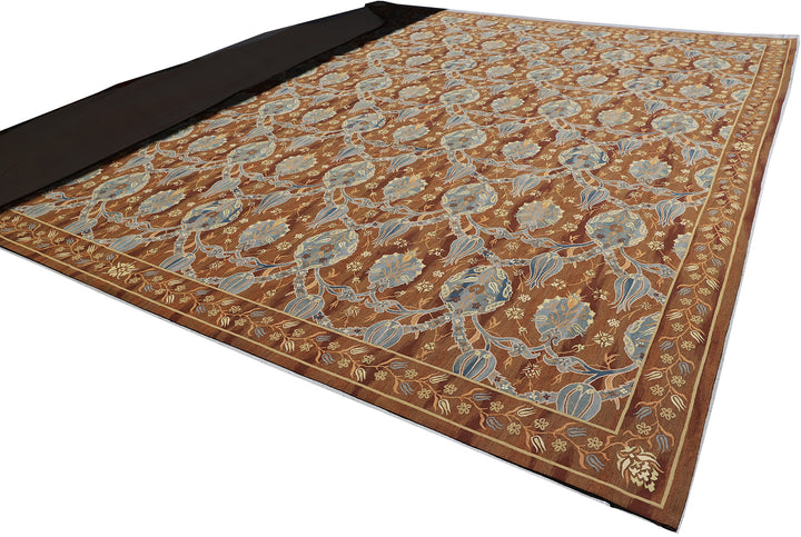 An oversized near-square 15x16 handwoven wool flatweave rug from the Ariana Kilim Collection, featuring a classic brown and beige Ottoman Aubusson medallion design.