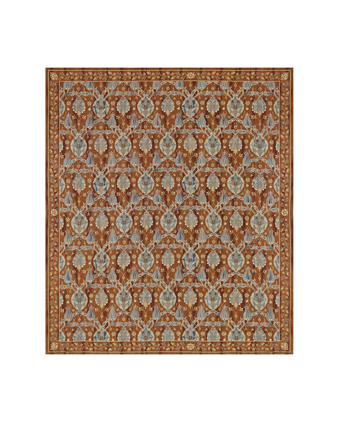 An oversized near-square 15x16 handwoven wool flatweave rug from the Ariana Kilim Collection, featuring a classic brown and beige Ottoman Aubusson medallion design.
