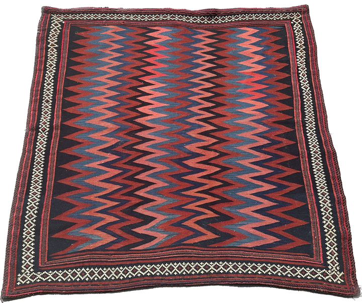 4'x4' Afshar Sofreh Zig Zag Chevron 3D Design Circa 1890/1900 Kilim Rug