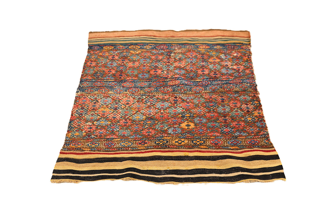 3'x4' Antique Persian Kilim Rug | Earth Tone Wool Flatweave | Geometric Tribal Design |Jual Bag | Boho Decor