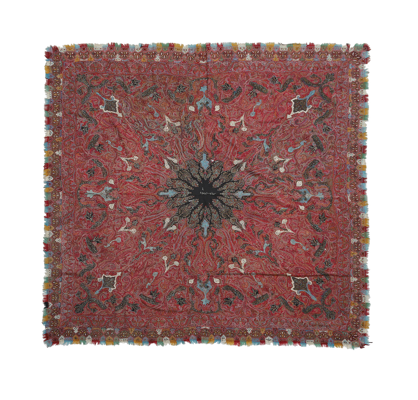 6'x6' Antique Large Kashmiri Shawl, India, 2nd Half 19th Century With Handstitched Label In The Center