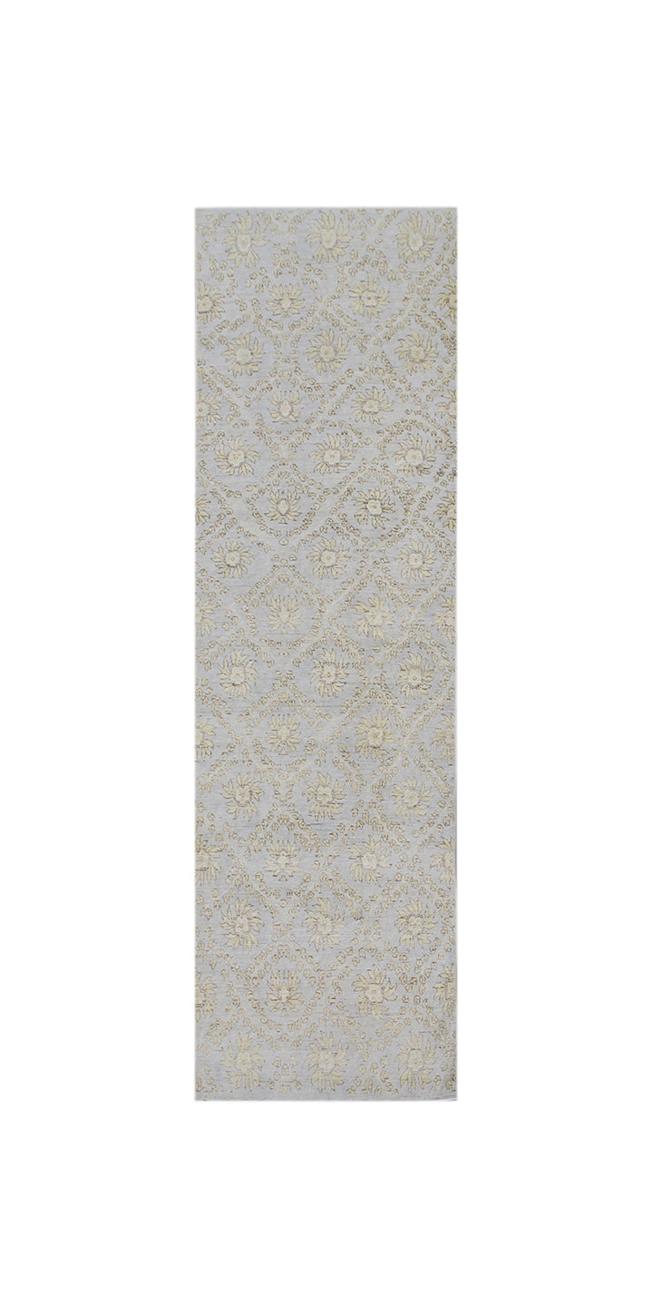 3'x10' Ariana Soft Blue Floral Transitional Design Hand Knotted Wool Runner Rug
