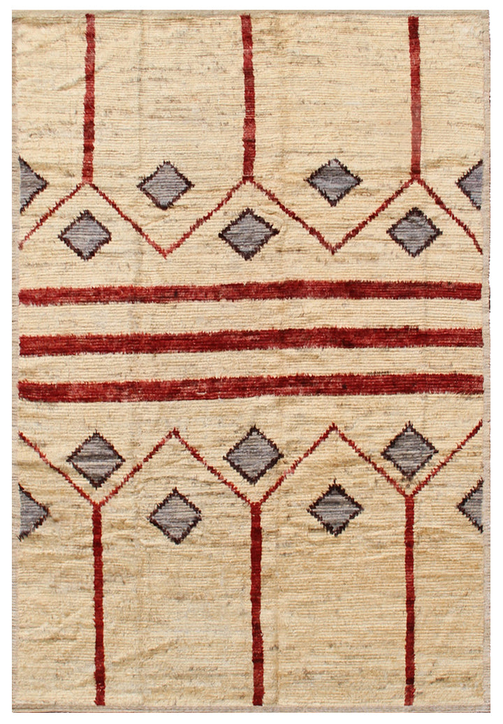 6'x9' Beige and Red Geometric Moroccan Ariana Barchi Wool Area Rug